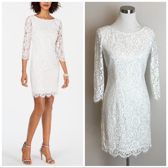 ✖️SOLD✖️•ADRIANNA PAPELL•White Formal Lace-Overlay Sheath Dress w/Metallic Sheen - Picture 15 of 15